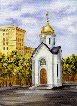 Picture oil paints on a canvas: Chapel in honour of sacred Nikolay, Russia, Novosibirsk