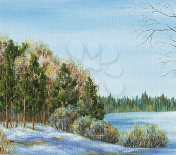 Siberian landscape, Russia. Picture, painting, hand-draw, oil paints on a canvas