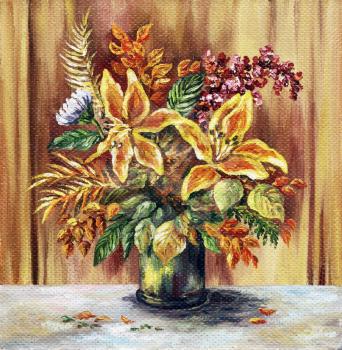 Picture oil paints on a canvas: a bouquet of lilies and other flowers