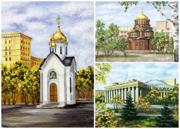 Russia, Novosibirsk, the famous buildings: chapel, cathedral, theatre. Picture oil paints on a canvas