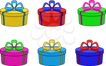 Gift Holiday Boxes Multi-Coloured Isolated with Bows, Round, Set. Vector