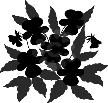 Flowers and leaves pansies, black contour on white background. Vector