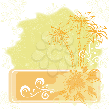 Exotic background. Contour palm tree and flowers. Eps10, contains transparencies. Vector