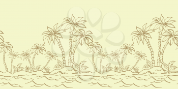Seamless horizontal background, tropical landscape, Sea Island with palm trees and grass contours. Vector