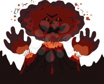 The evil erupting volcano with a human face and hands, cartoon. Vector