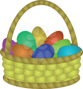Easter wattled basket with colorful painted chicken eggs. Vector