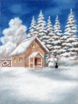 Christmas Illustration, House and Snowman in Winter Snowy Forest, Low Poly. Vector
