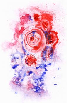 Abstract background, watercolor, hand painted on a paper. Pink, red, blue, violet, white