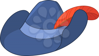 Dark blue musketeer's a felt hat with a red feather. Vector