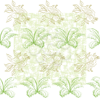 Seamless floral background, hibiscus flowers and leaves, contours. Vector