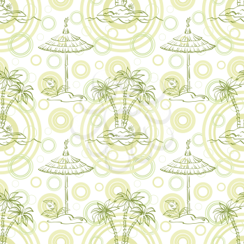 Seamless pattern. Sea island with palm trees and canopy, green contours. Vector