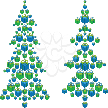 Christmas trees made up of blue and green gift boxes on white background. Vector