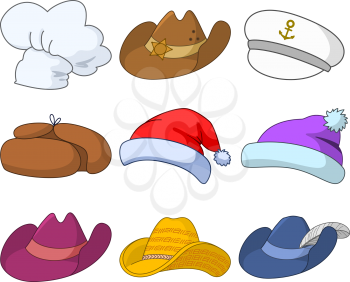 Set of various hats: Santa Claus, cook, sheriff, musketeer, captain and others. Vector
