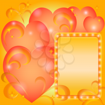 Holiday background for greetings card with Valentine hearts and frame. Vector eps10, contains transparencies