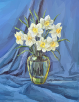 Flowers Narcissus Bouquet in a Green Transparent Glass Vase, Low Poly. Vector