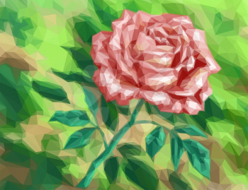 Red Flower Rose on Green Background, Low Poly Pattern. Vector