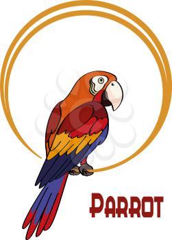 Exotic Bird, Cartoon Colorful Parrot Macaw Sits on the Ring. Vector
