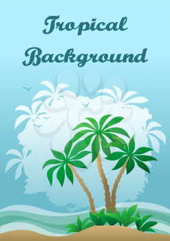 Exotic Landscape, Sea with Waves, Tropical Island, Beach with Palm Trees, Green Grass and Clouds Palms Silhouettes and Birds on Blue Sky. Vector