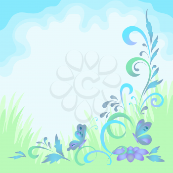 Background with Summer Landscape, Symbolical Flowers, Butterflies, Green Grass and Blue Sky. Vector