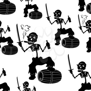 Seamless Wallpaper, Cartoon Evil Zombie Pirate Jolly Roger Skeleton with a Sword, Bottle of Wine and Barrel, Black Silhouettes Isolated on White Background. Vector
