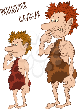 Cartoon Characters, Man and Boy, Father and Son, Prehistoric Caveman in Animal Skin, Isolated on White Background. Vector
