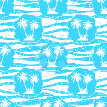 Seamless Pattern, Exotic Landscape, Tropical Palm Trees and Grass Silhouettes, Tile Blue and White Background with Sea Birds Gulls. Vector