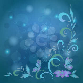 Abstract blue background with butterflies, flowers and circles. Vector eps10, contains transparencies