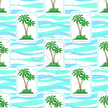 Seamless Pattern, Exotic Landscape, Green Tropical Palm Trees and Grass in Rectangles and Tile Blue and White Background with Sea Birds Gulls. Vector