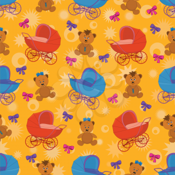 Seamless cartoon background: teddy bears, prams and bows. Vector