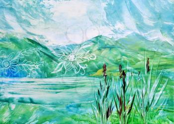 Picture, Oil Painting Symbolical Landscape, Green Mountain, Lake, Flowers and Reedmace