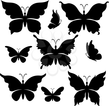 Set Butterflies, Black Silhouettes Isolated on White Background. Vector
