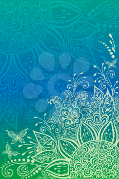 Background with Abstract Floral Outline Calligraphic Pattern, Symbolic Flowers and Leafs. Vector