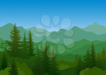 Summer Mountain Landscape with Green Coniferous and Deciduous Trees and Blue Sky. Vector
