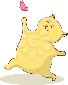 Cartoon Yellow Cat Runs and Wants to Catch a Pink Butterfly. Vector