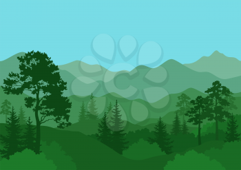 Summer Mountain Landscape with Green Coniferous and Deciduous Trees and Blue Sky. Vector