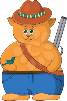 Cartoon Cat Hunter in Jeans and a Hat, with a Gun and a Bird. Vector