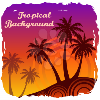 Exotic Tropical Landscape, Palm Trees Silhouettes Against the Background of the Morning or Evening Sky, Sunrise or Sunset. Vector