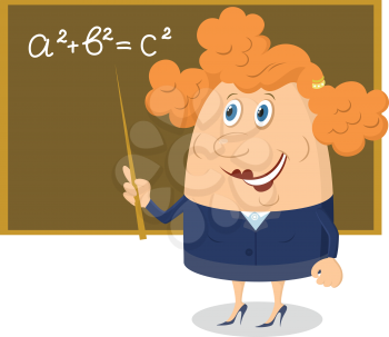 School teacher showing with her pointer on blackboard with Pythagorean theorem, funny cartoon character. Vector