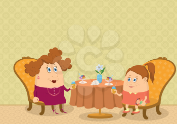 Fat mother and daughter sitting near the table in a restaurant, drinking juice and eating ice cream, funny cartoon illustration. Vector