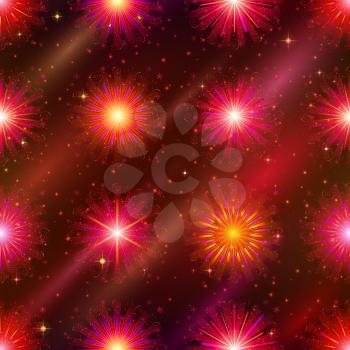 Firework background seamless of red, orange and pink colors. Pattern for holiday design. Eps10, contains transparencies. Vector