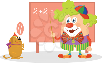 Cheerful kind circus clown in colorful clothes with trained dog solving arithmetic exercises on a blackboard, funny cartoon characters isolated on white background. Vector