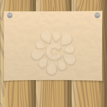 Sheet of old yellowed paper pinned on two thumbtacks on a wooden wall, design background. Eps10, contains transparencies. Vector