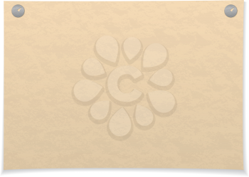 Sheet of old yellowed paper pinned on two thumbtacks, isolated on white background. Eps10, contains transparencies. Vector