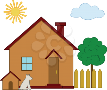 Country house with the dog kennel and green tree in a garden, sunny day. Vector