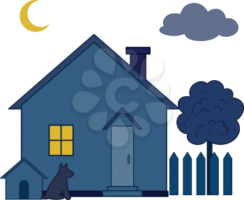 Cartoon Country House with the Dog Kennel and Tree in a Garden, Dark Night. Vector