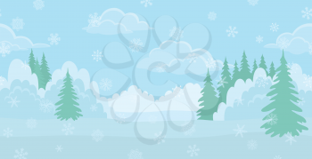 Christmas horizontal seamless background landscape, winter white forest with snow and blue sky with clouds. Vector