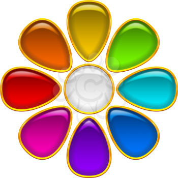 Colorful Glossy Button in Shape of Flower with Multicolored Petals and Golden Frames, Computer Icon for Web Design. Eps10, Contains Transparencies. Vector
