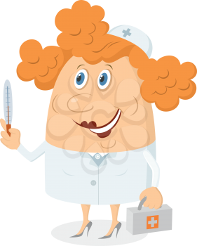 Nurse, woman doctor, cartoon character in uniform with first-aid kit and thermometer. Vector