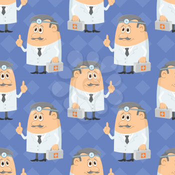 Seamless background with doctors with first-aid kits and head mirrors, cartoon characters on blue abstract pattern. Vector