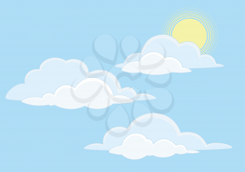 Cloudscape background, white clouds and sun on blue sky. Vector